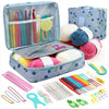 A blue storage bag containing a complete 59-piece crochet kit for beginners with various colored yarn and tools.