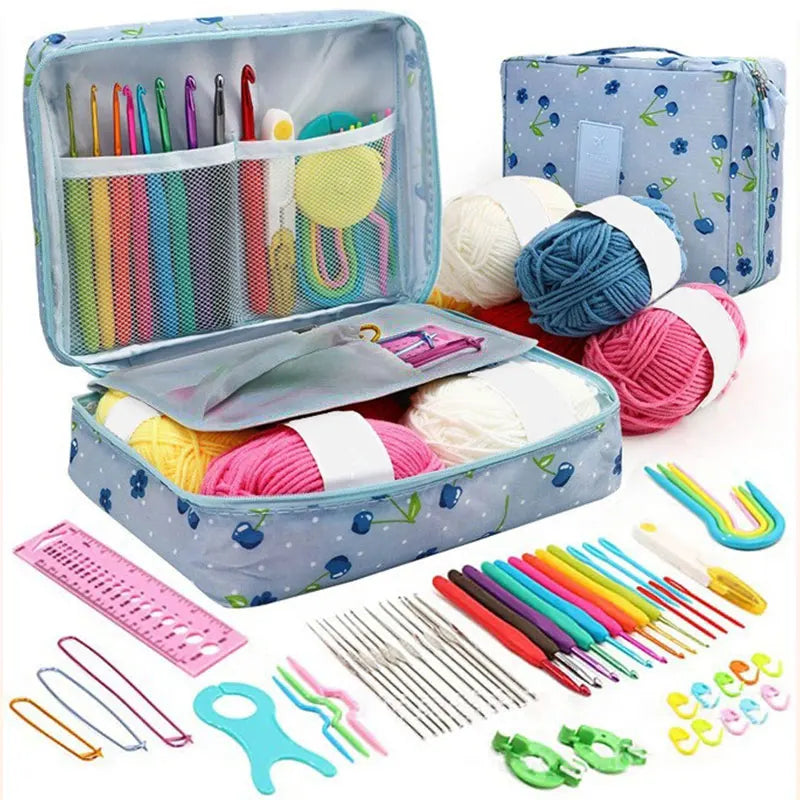 A blue storage bag containing a complete 59-piece crochet kit for beginners with various colored yarn and tools.