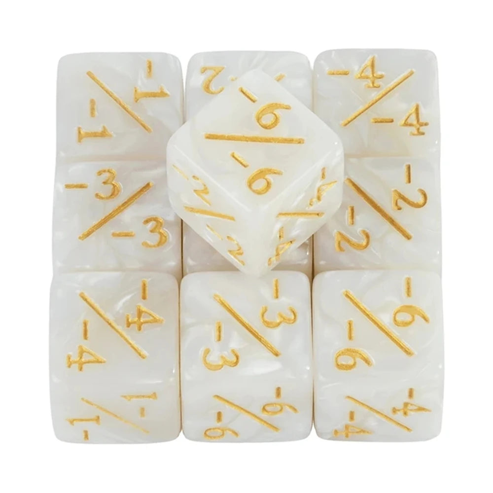 A set of ten white acrylic D6 counter dice showing various fractional values.