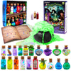 Eine Sammlung farbenfroher Glasfläschchen und Zutaten neben einer Box für ein DIY-Zauber-Potion-Set