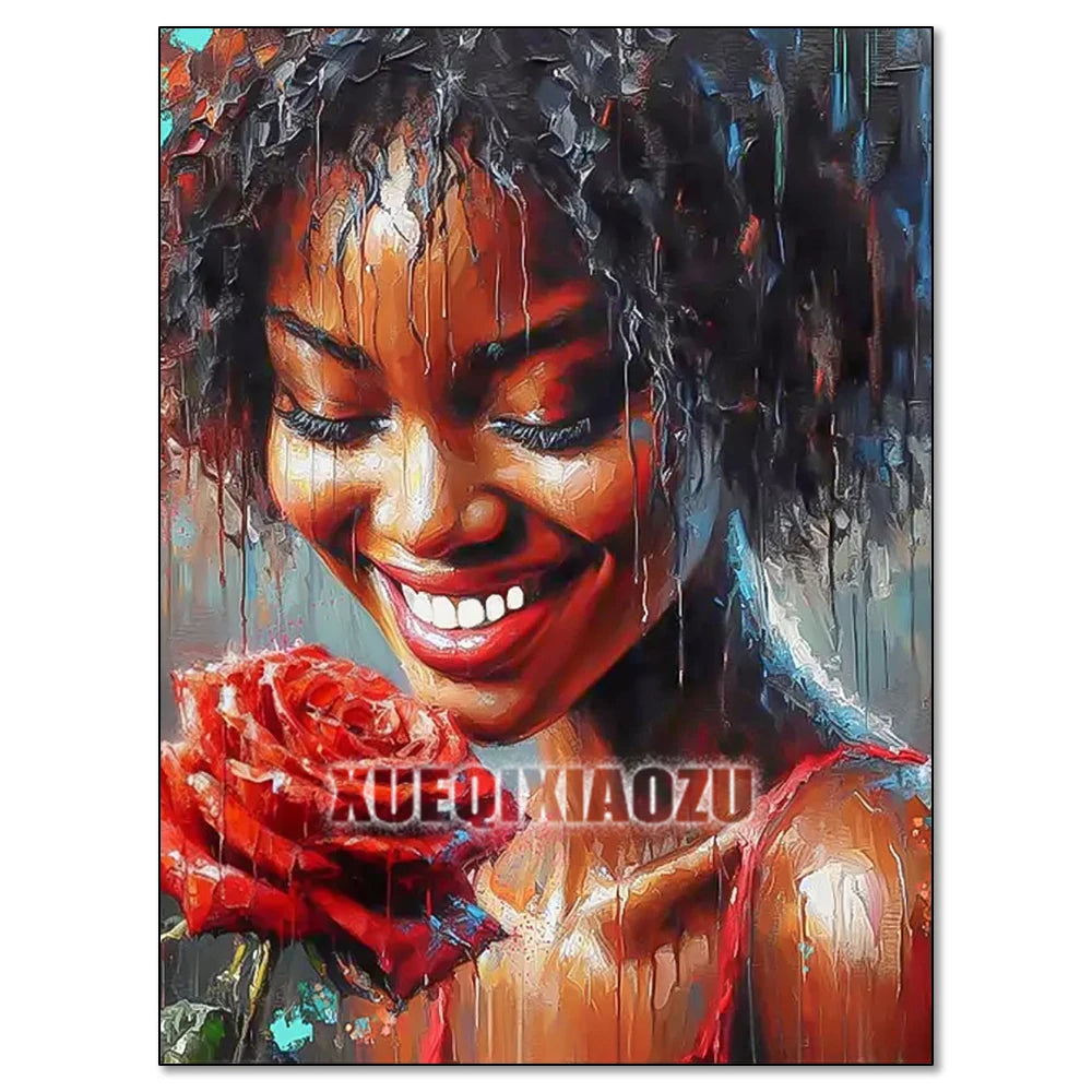 A vibrant painting of an African woman smiling, featuring rich skin tones and dark hair, rendered in a realistic style.