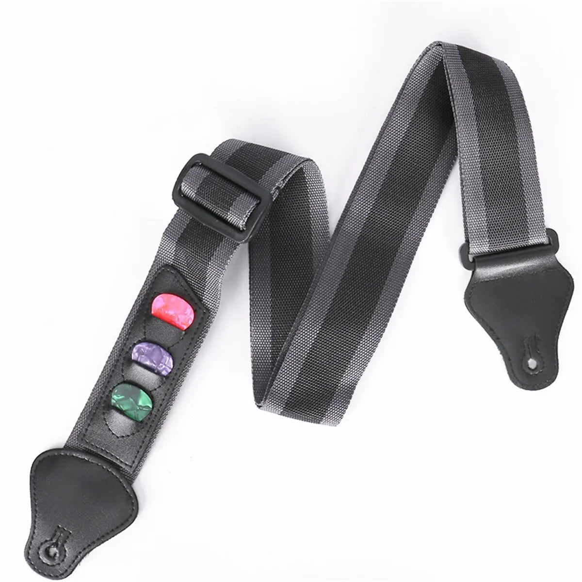 Black adjustable guitar strap with three colored pick holders and PU leather ends