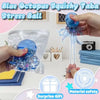 A hand holds a blue octopus squishy stress ball toy in a clear plastic bag on a white surface.
