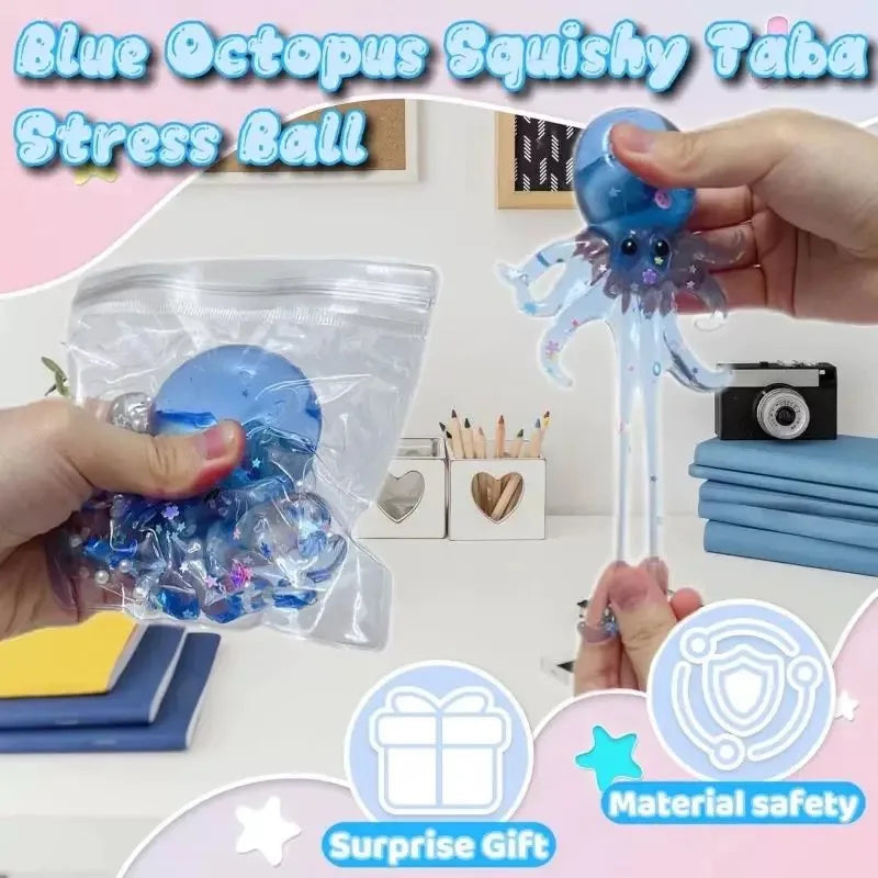 A hand holds a blue octopus squishy stress ball toy in a clear plastic bag on a white surface.