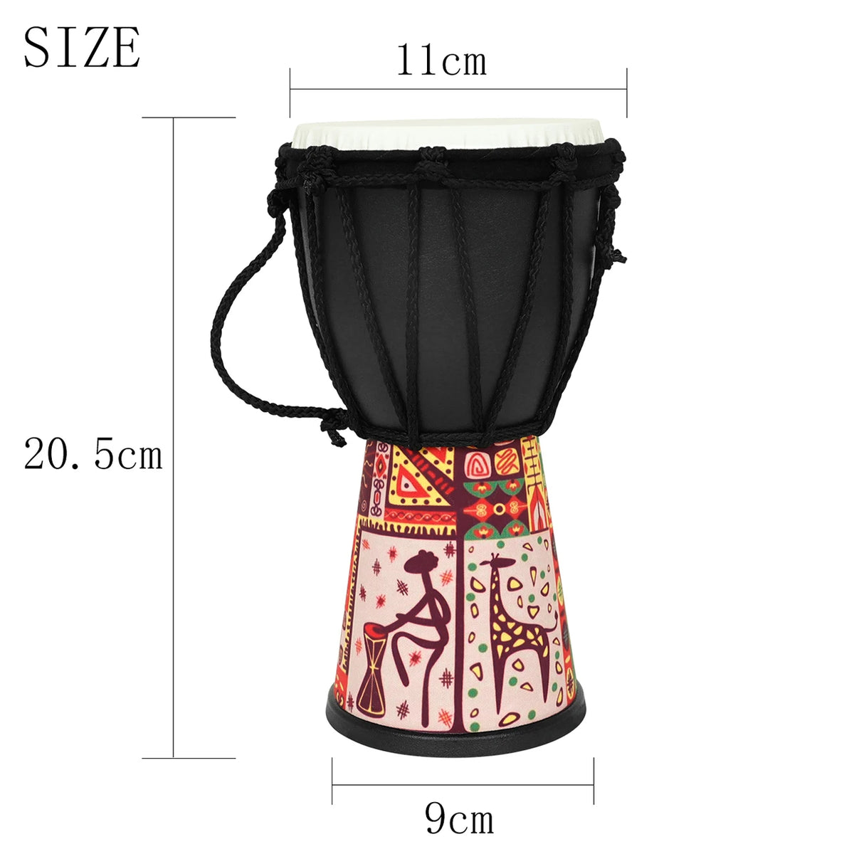 A black hand drum with a colorful, patterned base and white top, shown with size measurements.