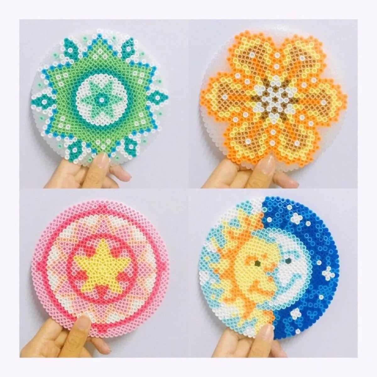 Hand-made floral designs created with colorful fuse beads for craft projects