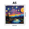 A framed print of a vibrant night sky with stars and a landscape featuring trees and a winding river.