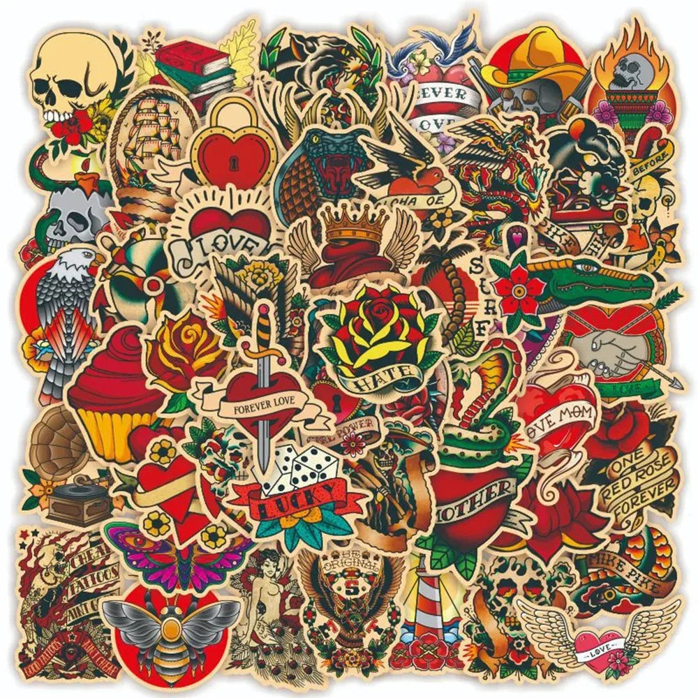 A collection of retro tattoo and cartoon stickers featuring skulls, hearts, animals, and various decorative elements.