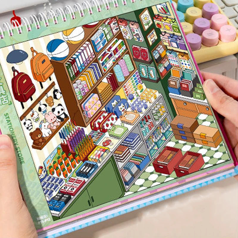 A colorful sticker book featuring a 3D kawaii miniature scene for scrapbooking and journaling.