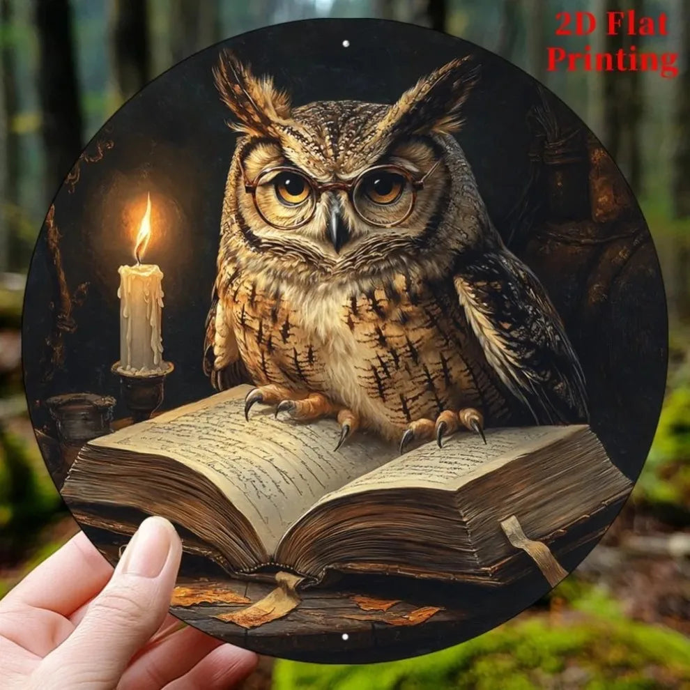 A 2D flat printing of a rustic aluminum owl sitting on an open book, set against a dark forest background.