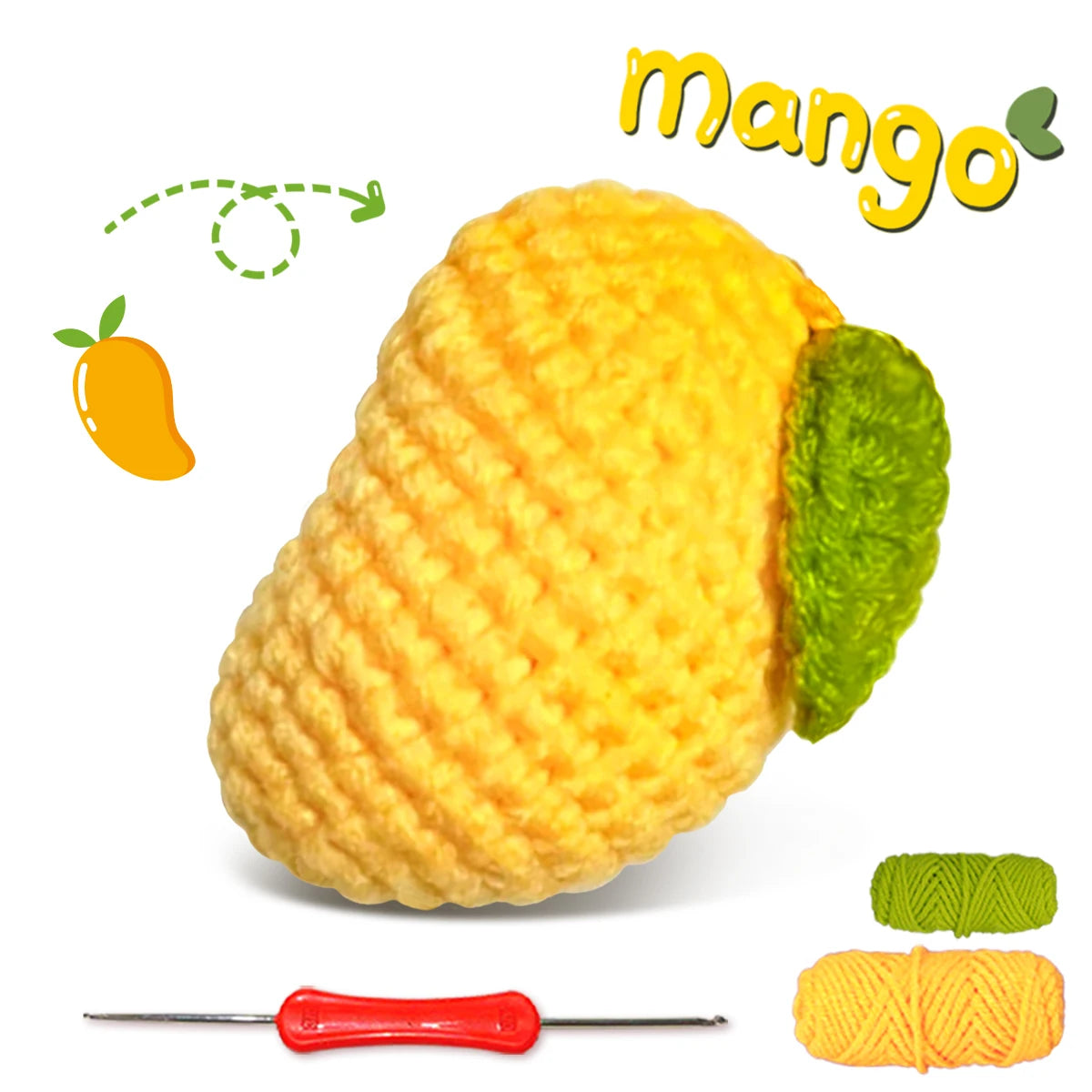 A yellow crochet fruit, likely a mango, is shown next to a crochet hook and yarn.