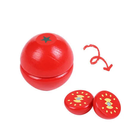 A red wooden fruit and vegetable cutting toy set with a star-shaped top.