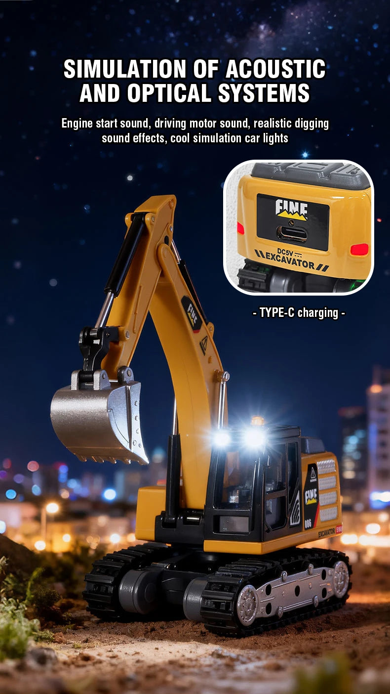 A yellow mini RC excavator is shown operating in a dark, outdoor setting with bright lights.