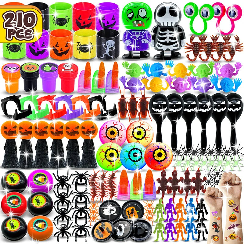 A collection of ten Halloween skull and pumpkin fidget toys in various colors and designs.