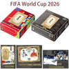 Box of FIFA World Cup 2026 official football trading cards featuring players and trophies