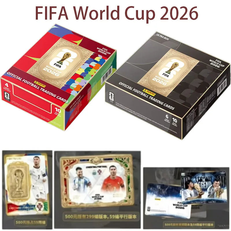 Box of FIFA World Cup 2026 official football trading cards featuring players and trophies