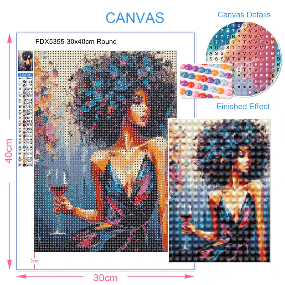 Diamond painting kit of an African woman holding a glass of red wine