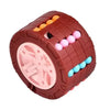 A brown 3D rotating slide puzzle cube with colorful beads on top and a pink base.