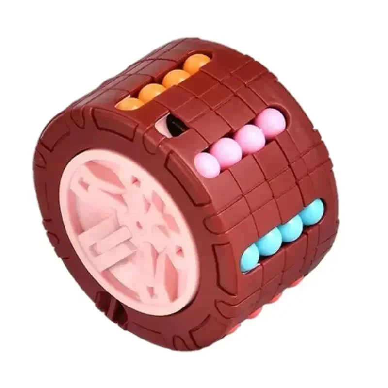 A brown 3D rotating slide puzzle cube with colorful beads on top and a pink base.