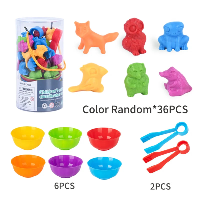 A set of counting animal toys and sorting bowls in various colors, including orange, green, red, yellow, purple, and blue.