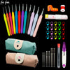 A collection of crochet hooks and knitting needles in various colors, along with storage bags and measuring tools.