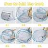 Six steps showing how to fold an instant pop-up baby tent with UV protection and breathable mesh.