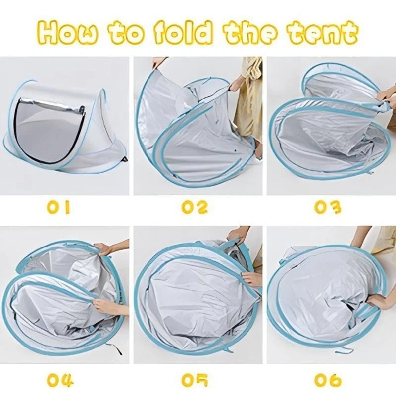 Six steps showing how to fold an instant pop-up baby tent with UV protection and breathable mesh.