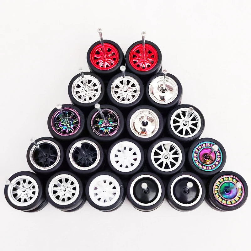 1/64 Scale Alloy Car Wheels with Rubber Tires - 10 Sets