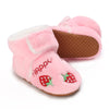 Pink fuzzy baby first walker shoes decorated with strawberry patterns
