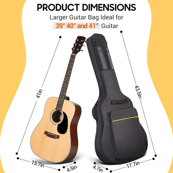 A black waterproof acoustic guitar gig bag shown next to a guitar, illustrating its dimensions for 39, 40, and 41 inch guitar