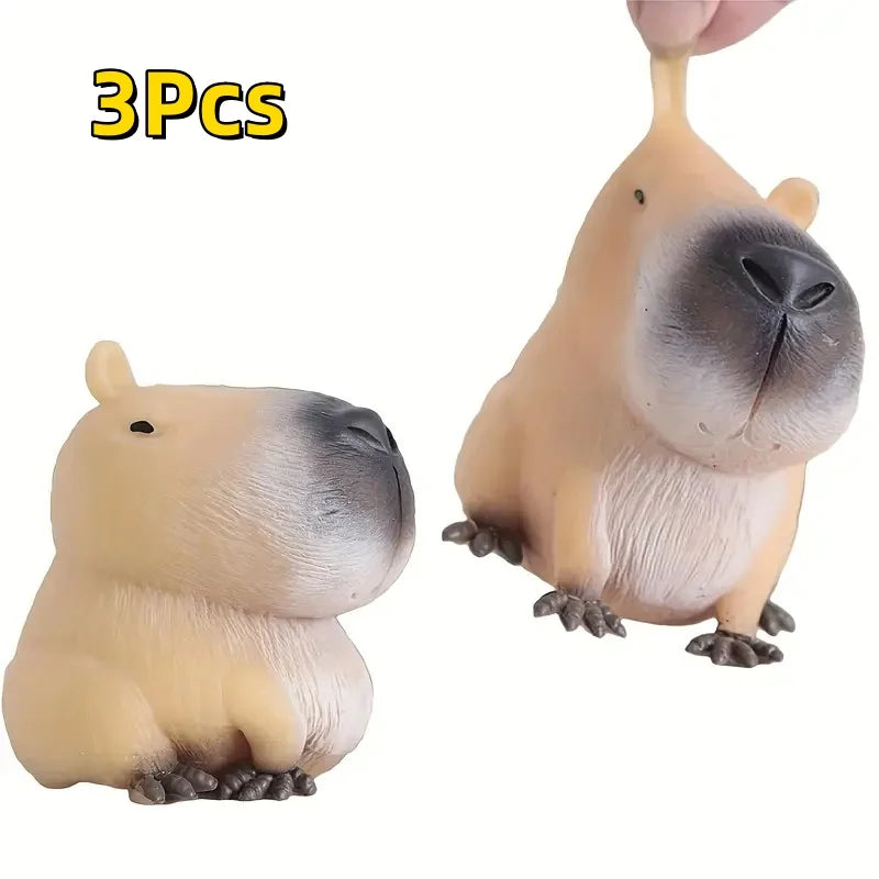 Three squishy capybara stress relief toys shown from the side.