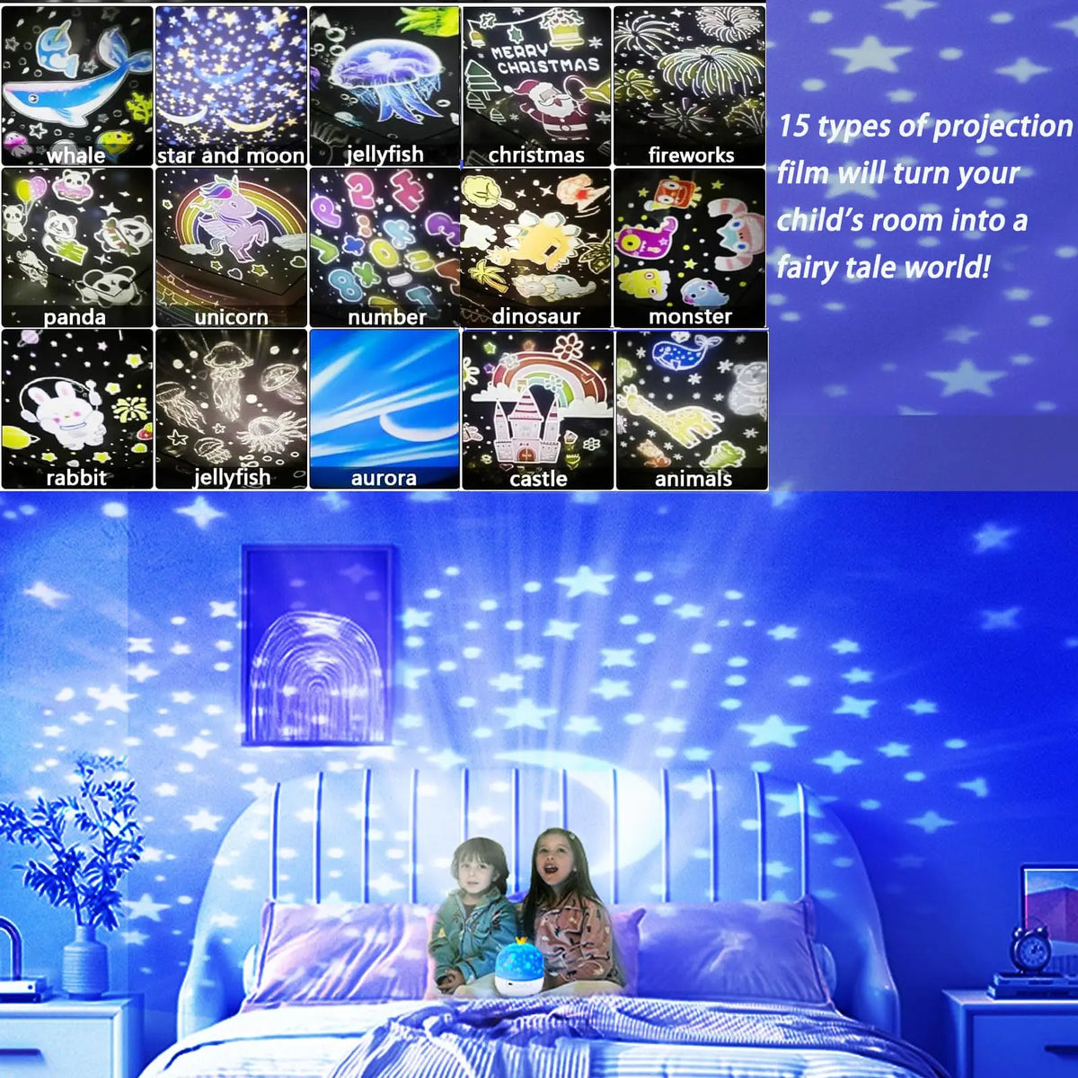 A colorful projection film display showing various animals, fantasy creatures, and natural elements for a child's room.