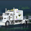 A white Peterbilt 389 1:24 scale diecast truck model with lights and sound, featuring a heavy truck power speed display.