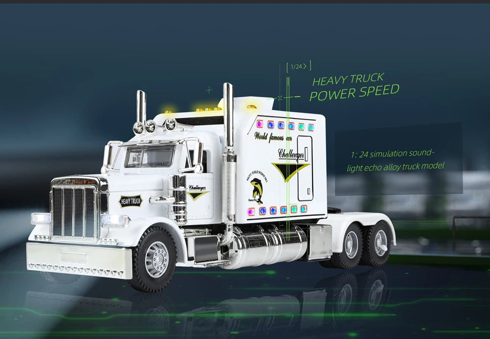 A white Peterbilt 389 1:24 scale diecast truck model with lights and sound, featuring a heavy truck power speed display.