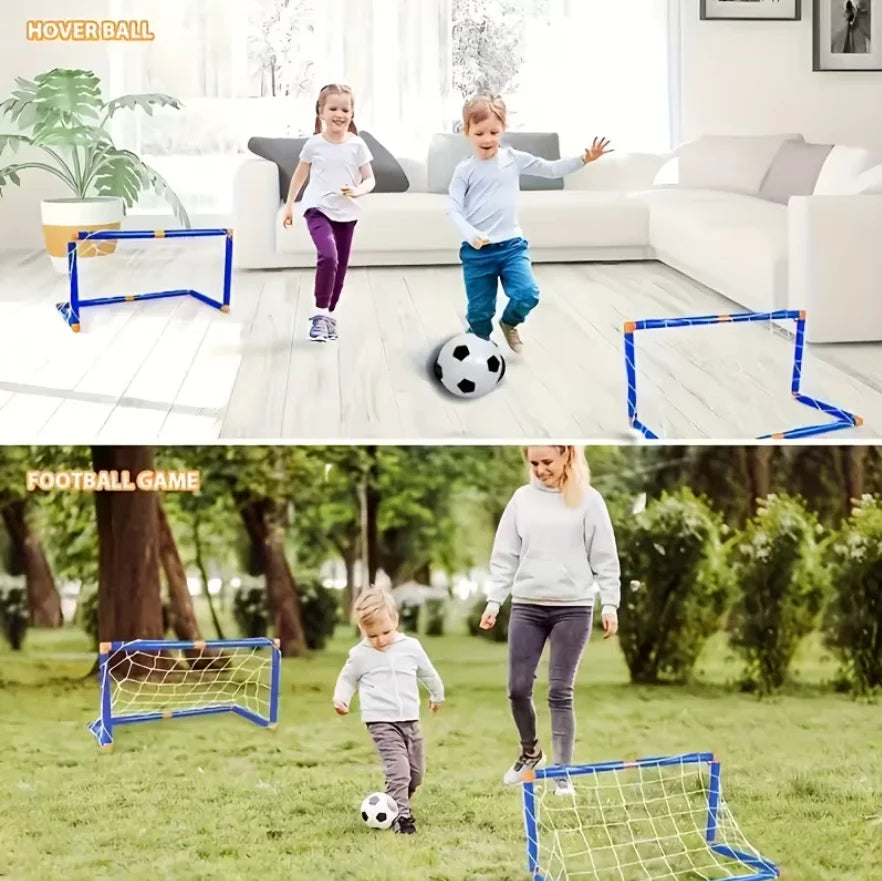 A portable soccer goal set with a net and ball is shown in a grassy outdoor setting.