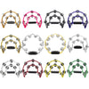 A collection of colorful double-layer tambourines with metal bells in various colors and styles.