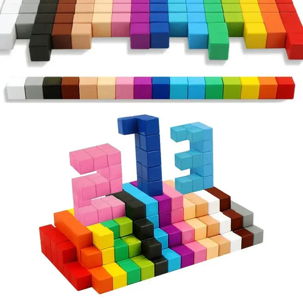 A colorful set of building blocks featuring a rainbow gradient and various solid colors stacked together.