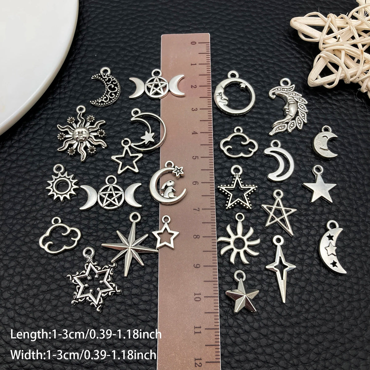 Celestial Charm Assortment – Vintage Silver Stars, Moons & Suns for Jewelry Making