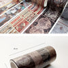 A roll of vintage patterned washi tape showing detailed antique paper designs and textures.