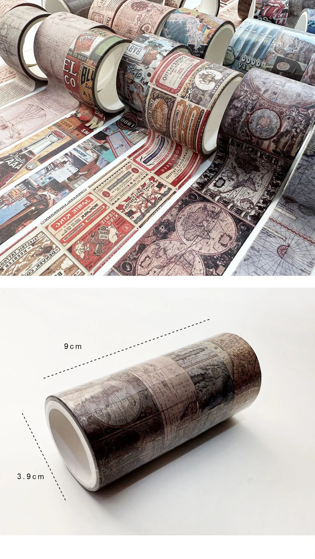 A roll of vintage patterned washi tape showing detailed antique paper designs and textures.