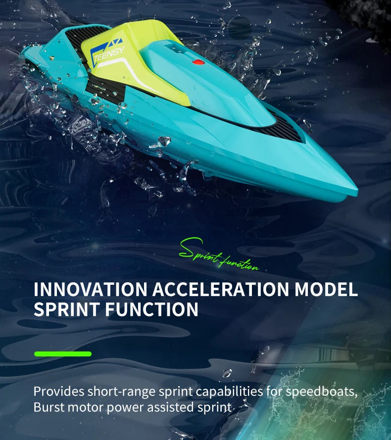 Bateau RC Teensy bleu et jaune, modèle d'innovation, fonce dans l'eau.