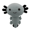 A soft gray plush toy of an axolotl with black gills and a smiling face.