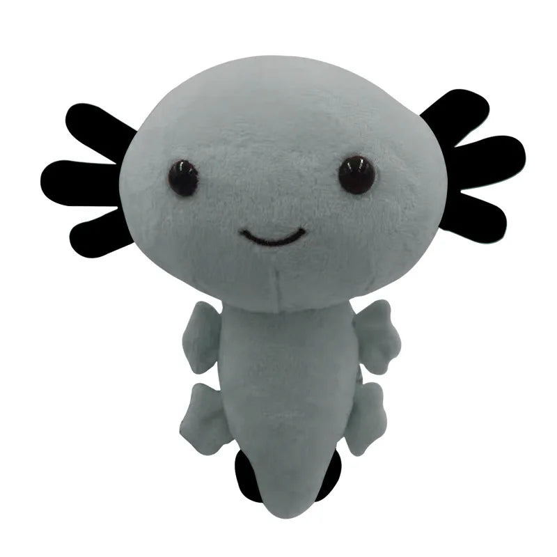 A soft gray plush toy of an axolotl with black gills and a smiling face.
