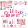 A collection of pink and purple makeup products including lipsticks, eyeshadows, and brushes for a kids pretend play set.