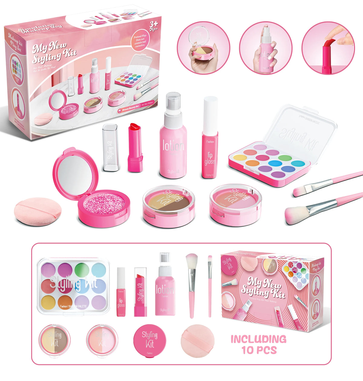 A collection of pink and purple makeup products including lipsticks, eyeshadows, and brushes for a kids pretend play set.