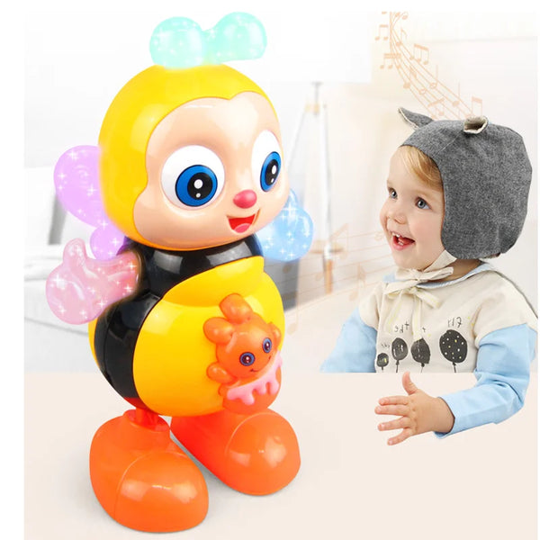 A yellow and black interactive dancing bee musical toy with large eyes and orange feet is shown next to a baby wearing a gray