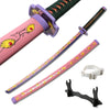 A pink and purple Demon Slayer anime katana sword with a green grip and decorative hilt.