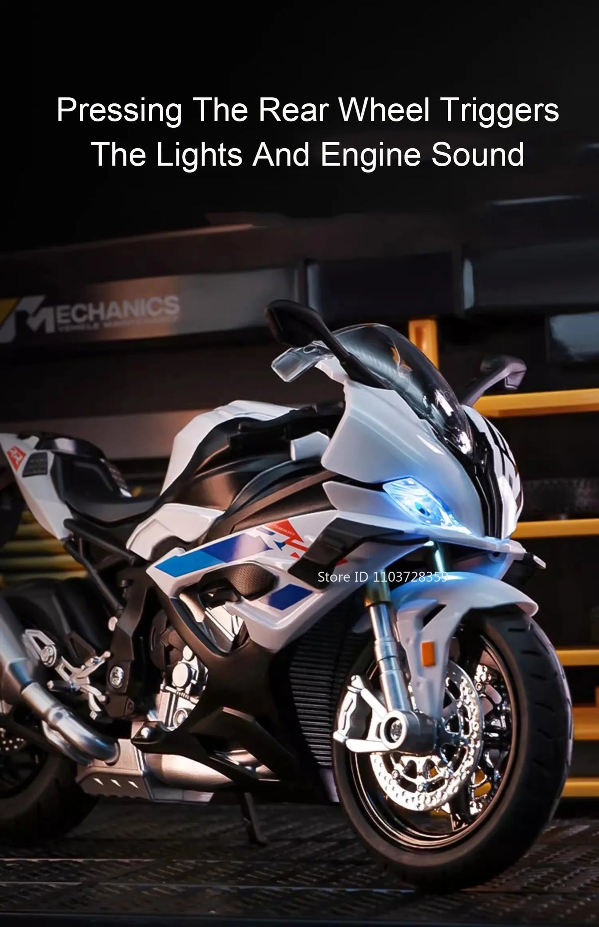 A white and black 1:12 scale die-cast model motorcycle is shown with its rear wheel triggers pressed, featuring bright lights