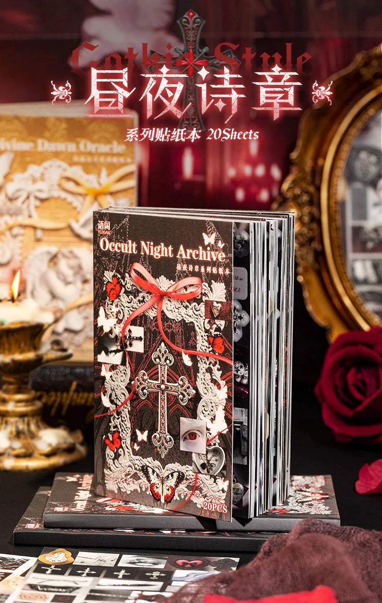 A stack of Occult Night Archive die-cut sticker sheets with red and black designs displayed next to a gold candle and rose.