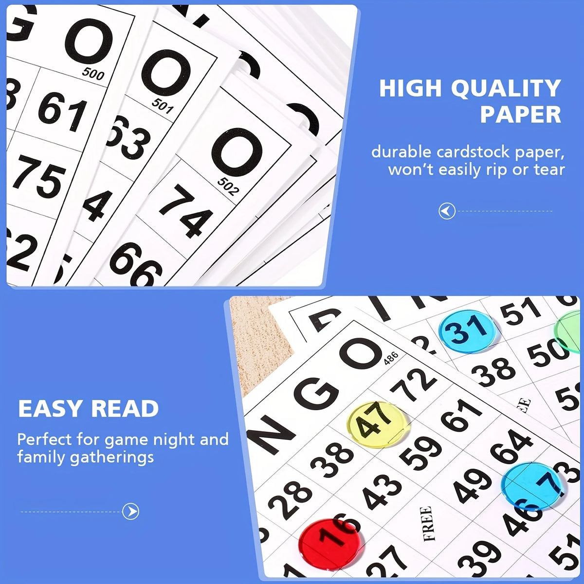 A stack of high quality cardstock bingo paper sheets showing numbers and a bingo grid layout.